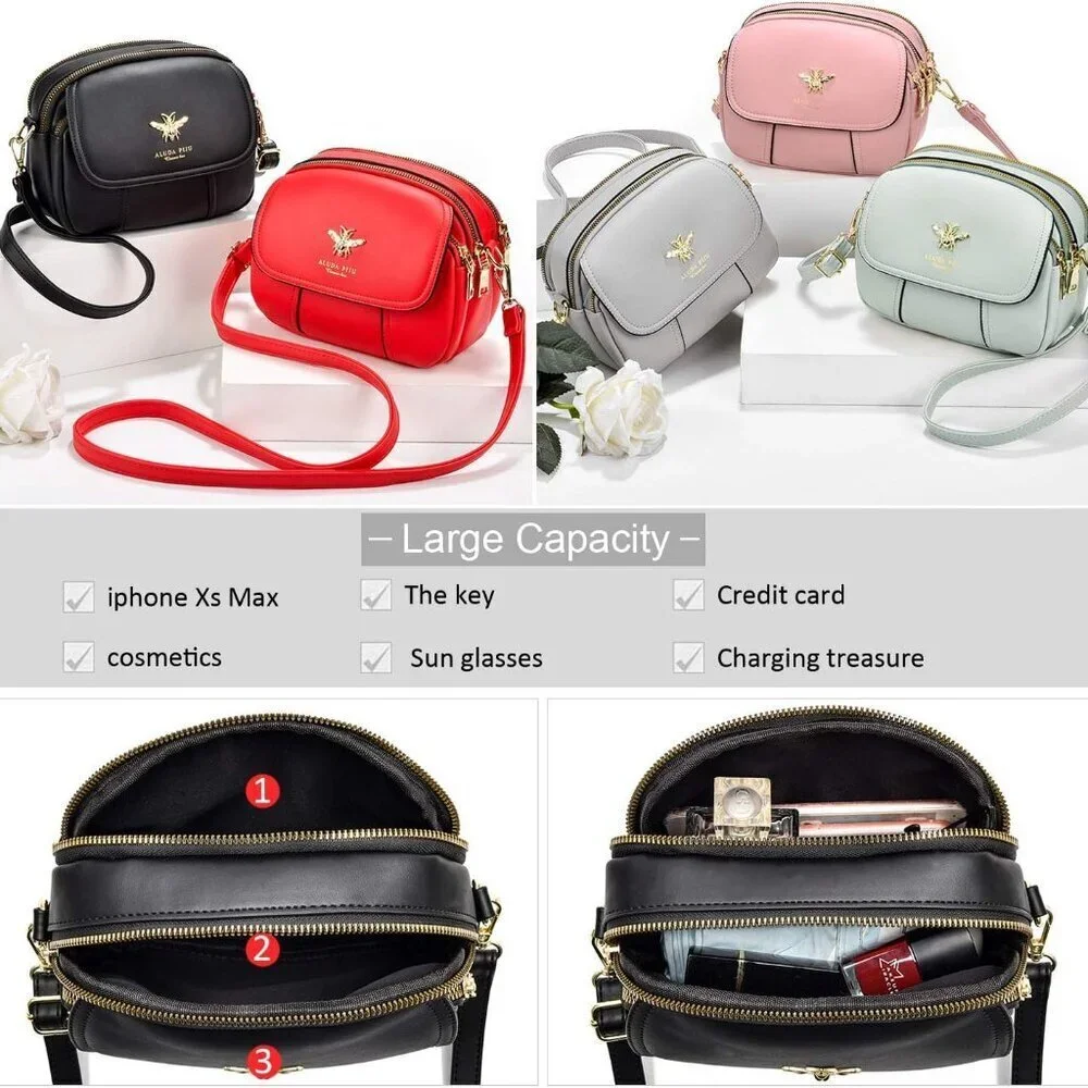 Small Faux Leather Crossbody Bag With Multiple Zipper Pockets for Women